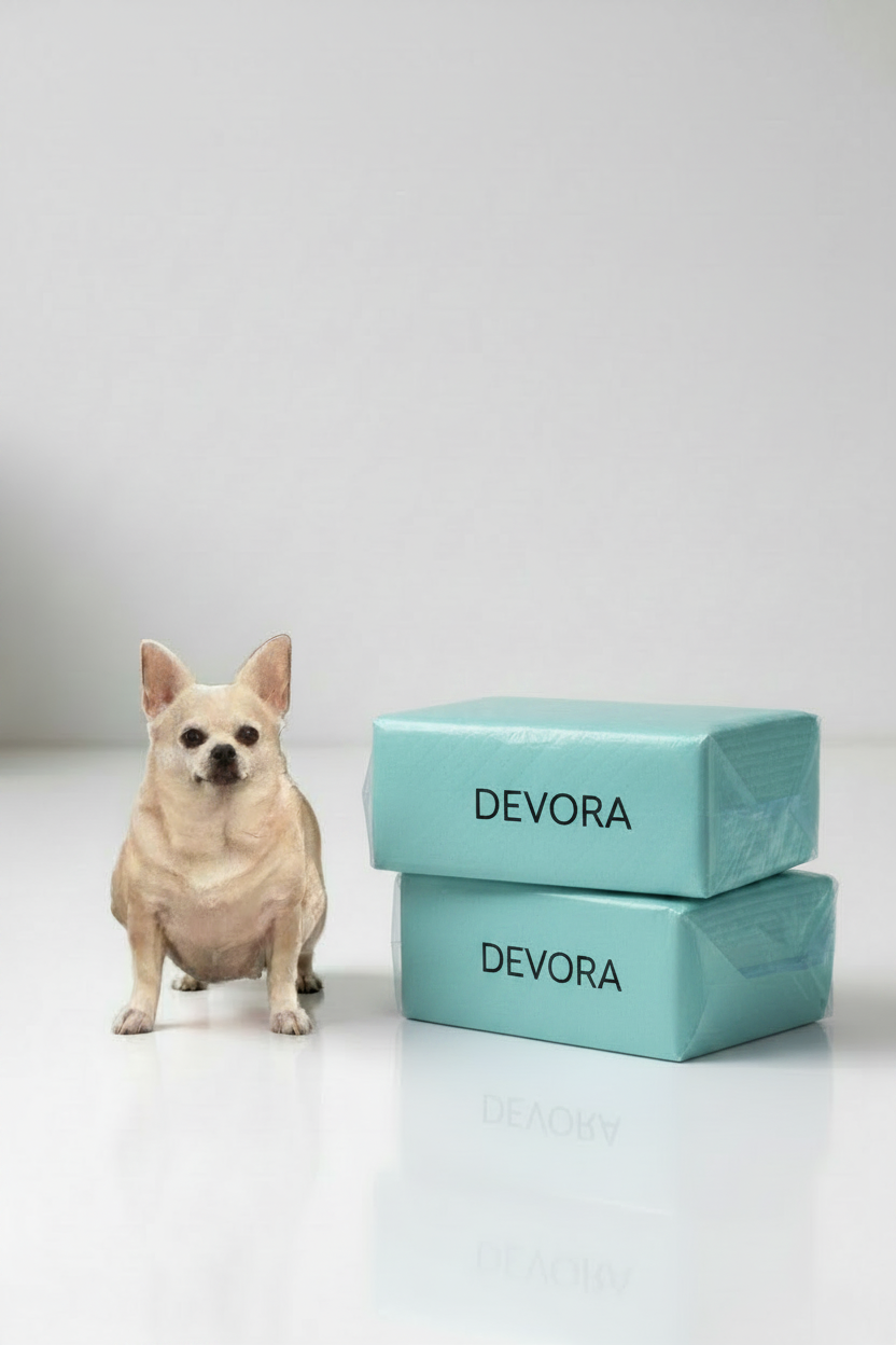 Stacked blue pad packages with Chihuahua portrait