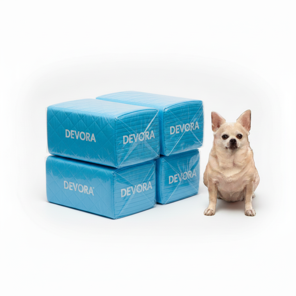 Stacked blue pad packages with Chihuahua